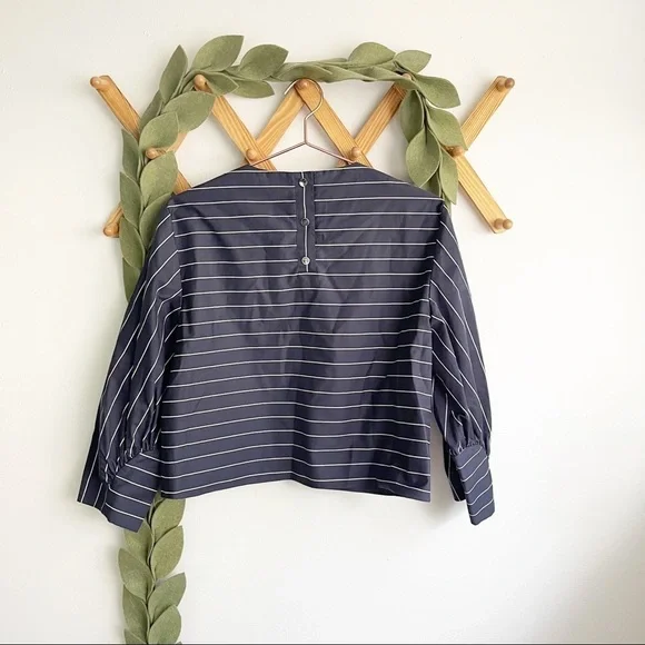 Tibi Sateen Striped Navy Blue Top